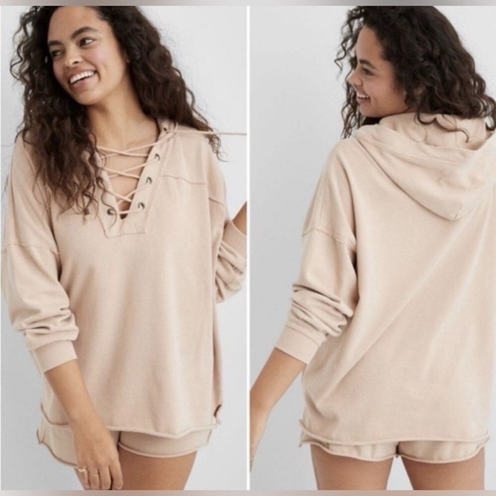 Aerie Oversized Lace-Up Hoodie – Women’s Small – Rust / Brick Red
